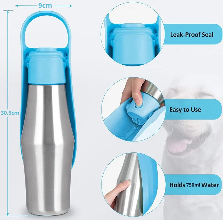 Tragbare Trinkflasche aus Edelstahl mit aufklappbarem Napf für Hunde