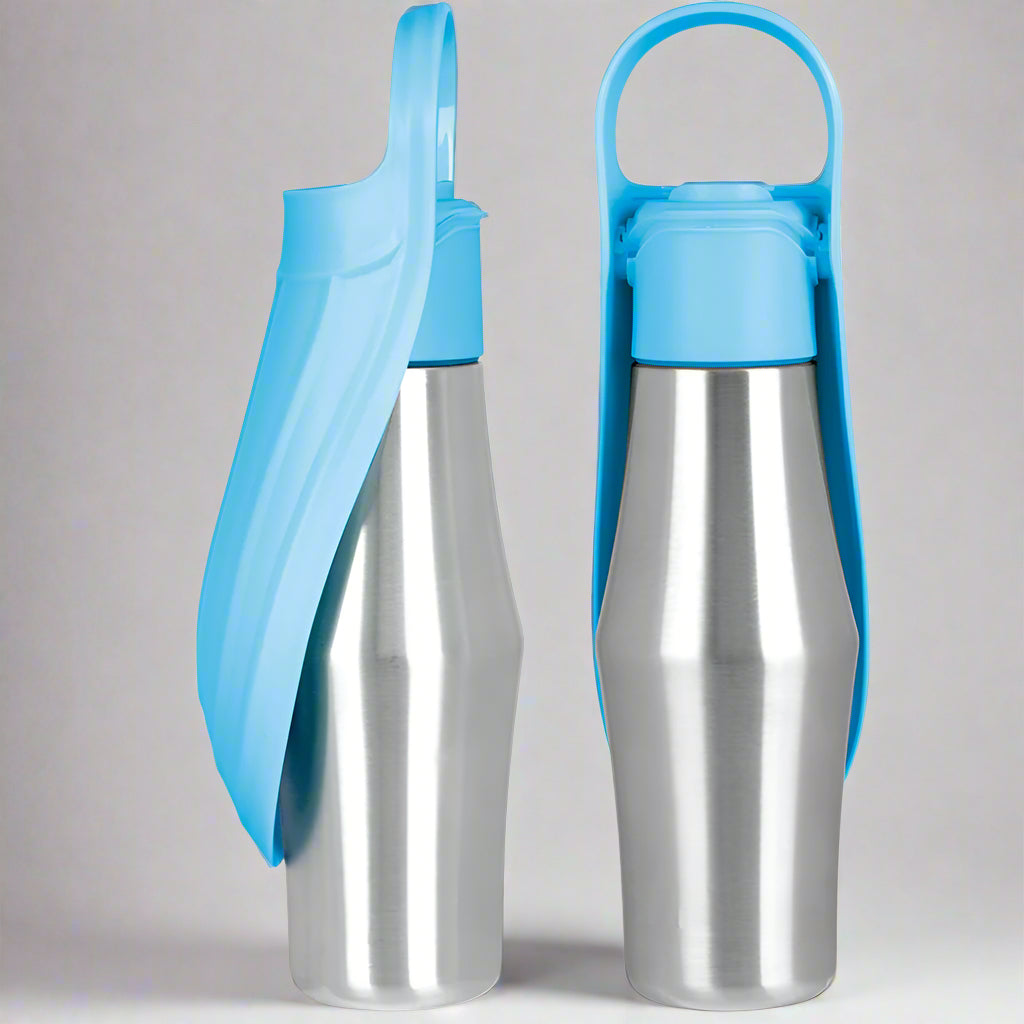 Tragbare Trinkflasche aus Edelstahl mit aufklappbarem Napf für Hunde