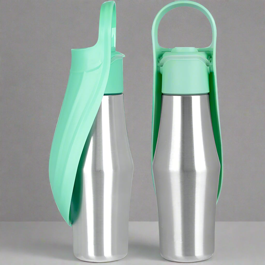 Tragbare Trinkflasche aus Edelstahl mit aufklappbarem Napf für Hunde