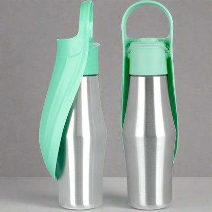 Tragbare Trinkflasche aus Edelstahl mit aufklappbarem Napf für Hunde