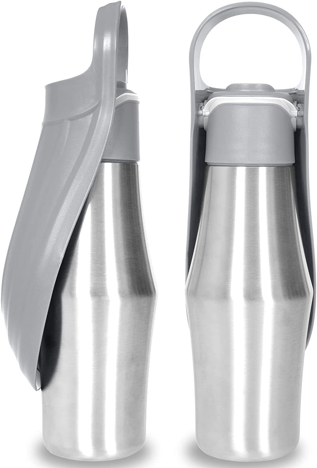 Tragbare Trinkflasche aus Edelstahl mit aufklappbarem Napf für Hunde