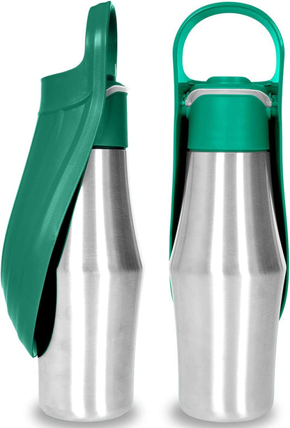 Tragbare Trinkflasche aus Edelstahl mit aufklappbarem Napf für Hunde