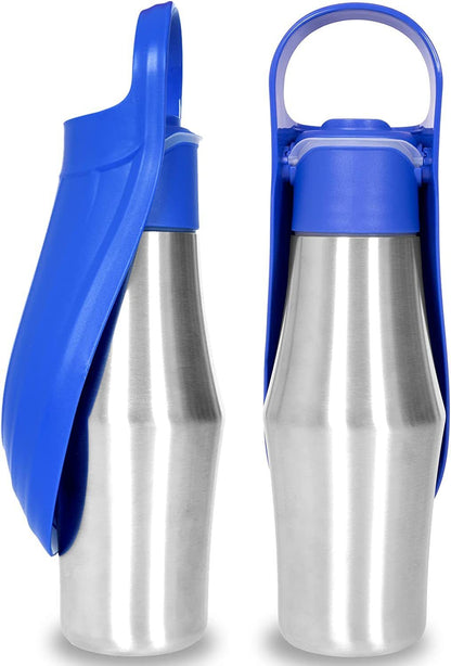 Tragbare Trinkflasche aus Edelstahl mit aufklappbarem Napf für Hunde